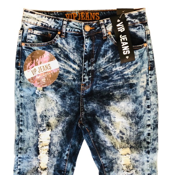 $10 SALE! V.I.P. JEANS Stonewashed Acid Washed Trashed Shark Bite Blue Jeans - Picture 3 of 15